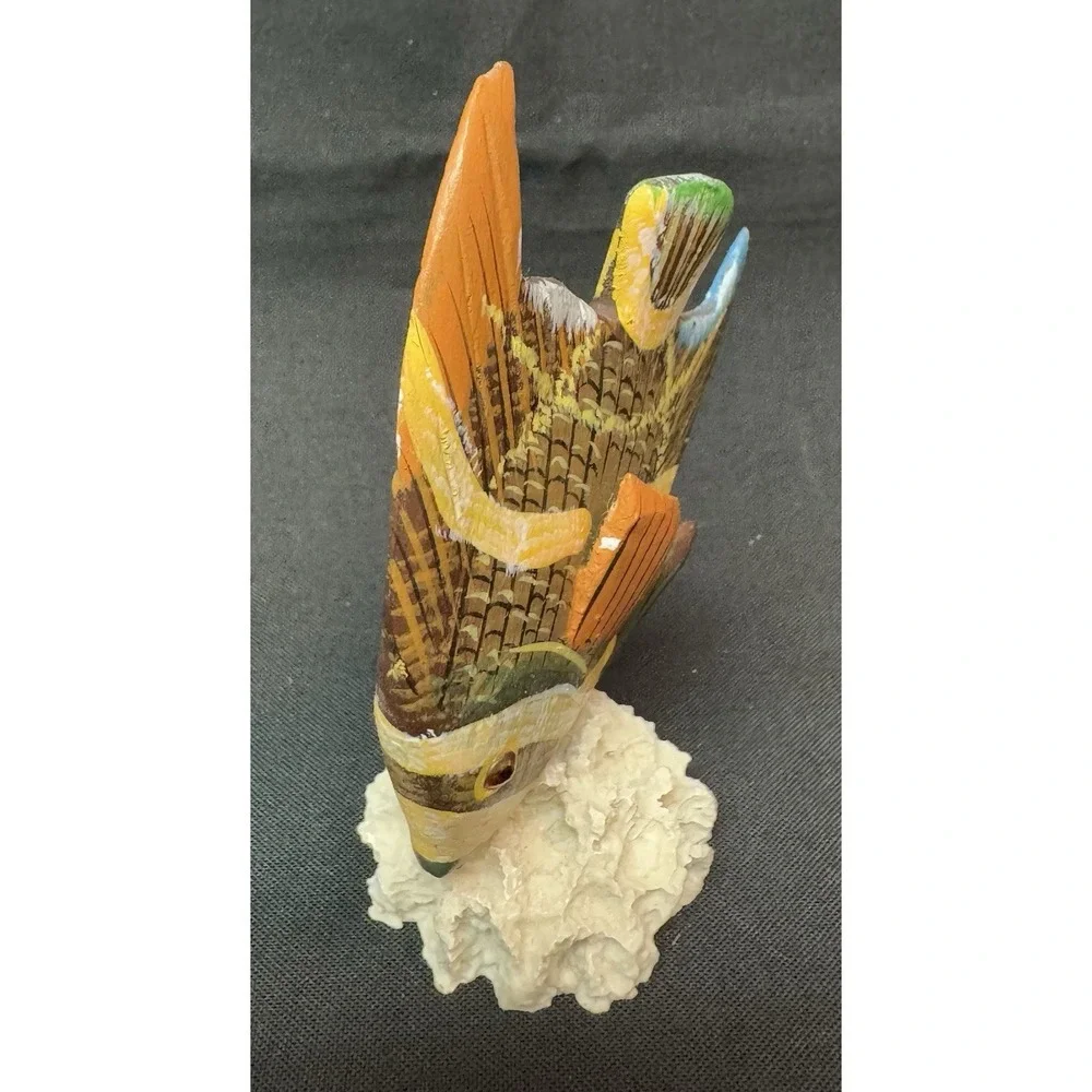 Hand Carved & Painted Wooden Angel Fish Mounted On Faux Natural Coral 4